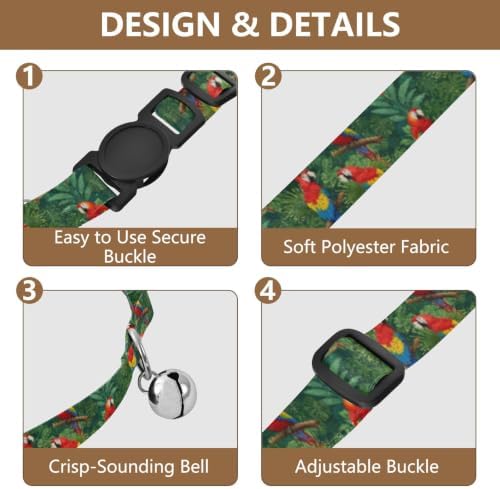 Tropical Parrots Jungle Green Kitten Bell Collar 2 Pack Puppy Collar Adjustable Length 10.6" to 17.1"