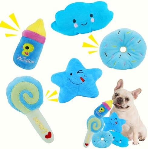 ASOCEA Small Dog Toys 5 Pack, Squeaky Plush Puppy Toys,Blue