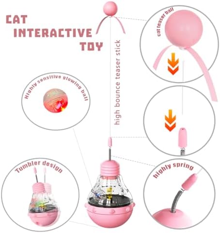 Cat Interactive Toy, Slow Food Dispenser Feeder, Tumbler Design with Teaser Wand & Glowing Ball, Funny Kitten Treats for Indoor Cats Exercise and Boredom Relief (Pink)