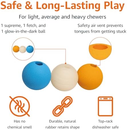 Amazon Basics Interactive Bouncy Durable Rubber Dog Toy Balls, 2.5 inch, Blue, Beige, Orange, Pack of 3