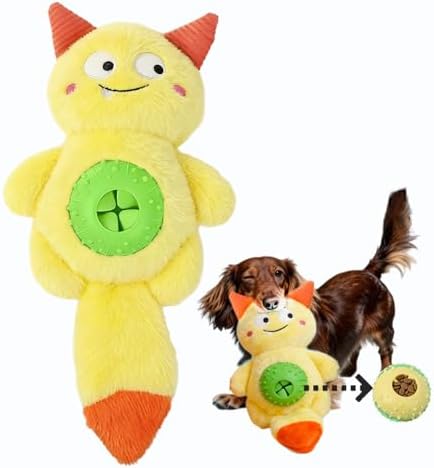 Cute Monster Plush Dog Toy with Squeaky Ball, Crinkle Paper, Treat Dispenser & Washable Design, Interactive Stuffed Chew Toy for Small Medium Dogs, Puppy Teething Toy (Yellow)