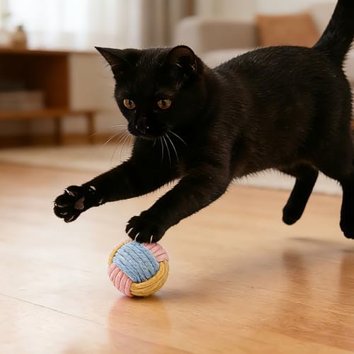 Cat Toys Balls with Bell Inside, 2-Inch Soft Interactive Chew Toys for Indoor Cats & Kittens, Colorful Rope Balls with Crinkle Sound for Chasing Play and Dental Health, 3 Pcs