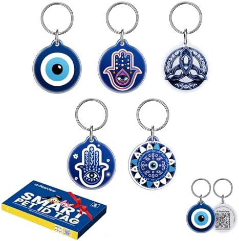 QR Code Pet ID Tags for Dogs & Cats, Guardian Spirit Series 5Pcs, Evil Eye, Hamsa Hand & Celtic Knot Symbols, Scan QR for Instant Location Alerts, Emergency Contact, Dog Collar Charms, Keychain