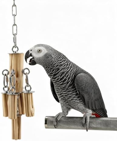 AOTU Medium Large Parrot Chew Toy, 304 Stainless Steel Natural Hardwood Bird Toys, Safe Durable Hanging Interactive Enrichment Toy for Macaw, Cockatoo, African Grey, Amazon Parrots