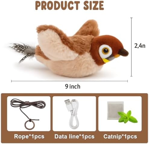 Upgraded 2.0 Flappy Bird Cat Toy – Interactive Flapping & Chirping Bird Toy for Cats (No Flying), Indoor Cat Toy for Exercise & Play, Durable Chew Toy, Catnip Toy for Kitten or Small Dogs (Large 9x3")