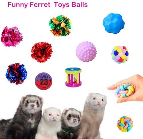 12 pcs Ferret Squeaky Toys Balls Squeaker Toys Teething Chewing Toy Colorful Bouncy Rubber Bell Balls Mylar Crinkle Interactive Sound Exercise Scratch Chew Toy for Ferrets Pet Cat Dog