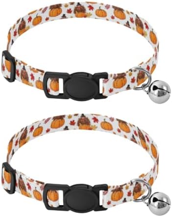 Cartoon Turkeys Hats Pumpkins Comfortable Cat Collar, 2 Pack Kitten Collar with Bell