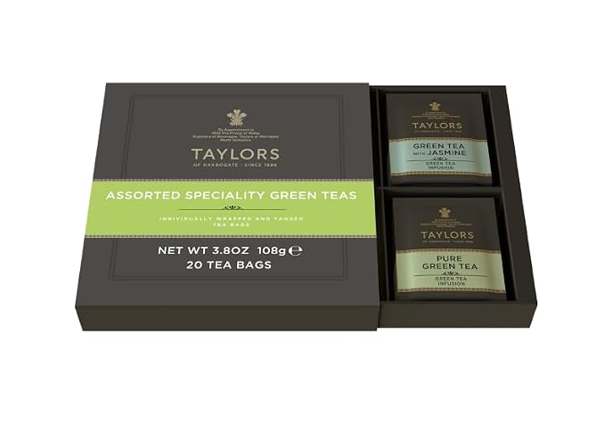 Taylors of Harrogate Assorted Specialty Green Teas Sampler, Variety Gift Box, Individually Wrapped Bags, 20 Count (Pack of 1), Jasmine, Mint, Lemon, and Pure, Caffeinated, Enjoy Hot or Iced, 20 Teabags
