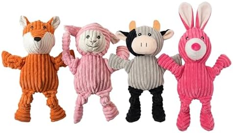 PetLike 4PK Squeaky Plush Dog Toys, Durable Chew Toys with Five BB Squeaker, Composite Stuffed Teething Toys for Aggressive Chewers, Interactive Fetch & Tug of War Toys for Small & Medium Dogs