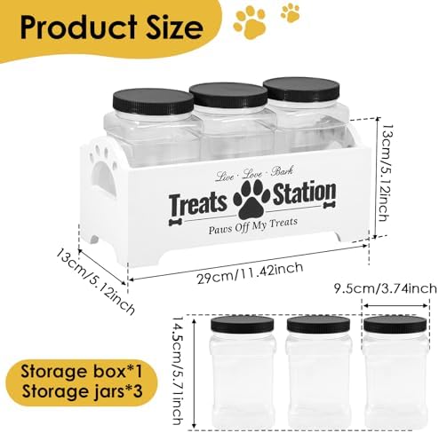 Dog Treat Container, Food Storage Container with 3 Plastic Dog Treat Jars, Reusable Cat Treat Container, Pet Treat Storage Organizer, Wood Dog Treat Holder, Dog Food Container for Dog Cat(white)