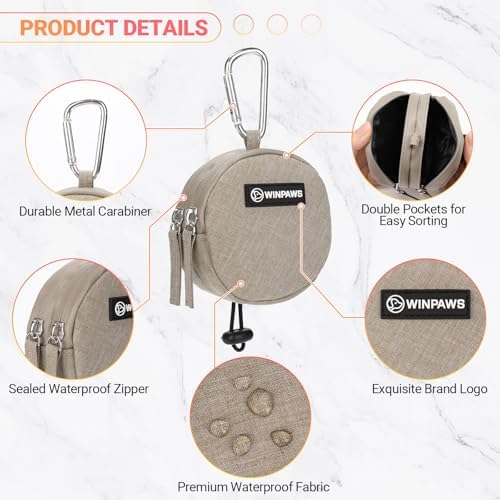Dog Poop Bag Holder for Leashes- Dog Treat Pouch with Waterproof Zipper,Puppy Training Small Bag with Carabiner & Bungee Toggle,Two Pockets for Dry or Wet Treats-Pet Travel Walking Essentials (Khaki)