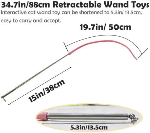 2PCS Retractable Wand Toys, Interactive Cat Wand Toy with Silicone Mouse Tail, 34.1” Long Interactive Feather Toy, Fishing Pole Toys Play and Exercise Teaser Stick for Indoor Cats and Kittens