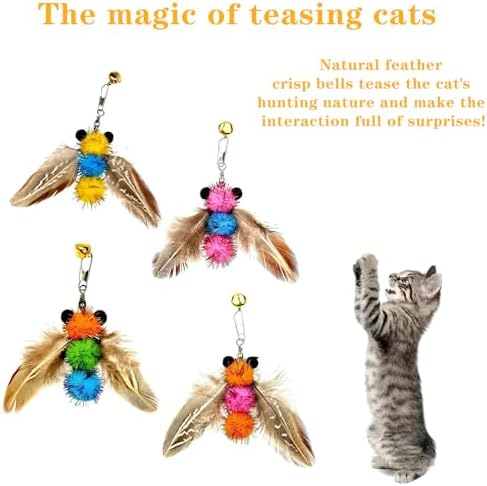 LWINGFLYER 4 PCS Cat Feather Toys Refill Insect Bee,Feather Cat Toys, Kitty Wand Toy Refill,Cat Toy Wand Replacement Attachments,Interactive Cat Toys for Indoor Cats