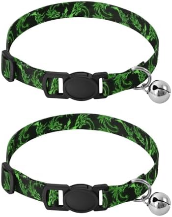 2 Pack Cat Collar Green Dragon Heads Black Kitten Bell Collar, Adjustable 10.6 to 17.1 Inches