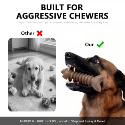 MECOOL Durable Nylon Dog Chew Toy – Bacon Flavored Fish Bone Shape for Aggressive Chewers, Tough Interactive Teething Toy for Medium Large Dogs, Long-Lasting Dental Chew Bone