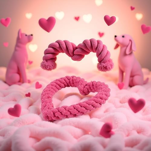 Dark Pink Cute Dog/Cat Chew Toys, Dog Toys for Chewers, Heavy Duty Dental Dog Rope Toy for Dogs, Creative Love Heart Shaped Interactive Rope Dog Toys, Cotton Puppy Teething Chew Tug Pet Supplies