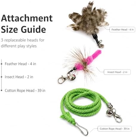 Cat Wand Toy Set, Retractable Stainless Steel Wand with 3 Interchangeable Attachments, Feather, Insect, Cotton Rope