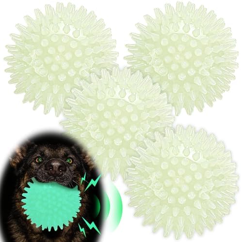 LECHONG 4-Pack Glow in The Dark Squeaky Dog Balls, 4.5” Large Spiky Dog Toy Balls, Durable Glowing Rubber Fetching Ball for Medium & Large Dogs Nighttime Playing Indoors & Outdoors