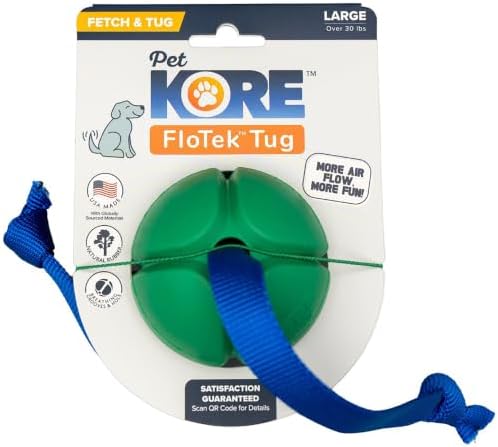 PetKORE: FloTex Tug - Large - 3.25" Green, Rubber Dog Toy, Removable Strap Tail, Patented Airflow Grooves, Bounce-Fetch-Chew, Pet Indoor-Outdoor Play