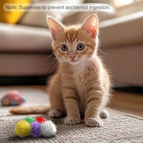80 Pcs Sparkle Pom Pom Balls 1.5 Inch Cat Toy Chase Ball Interactive Glitter Tinsel Ball for Kitten Cat Favorite Gift Assorted Color