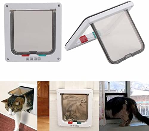 Small White Smart Cat Door with 4Way Lock, Double Flap Pet Entry for Cats and Small Dogs, Weather resistive Design, Easy DIY Installation for Walls and Doors