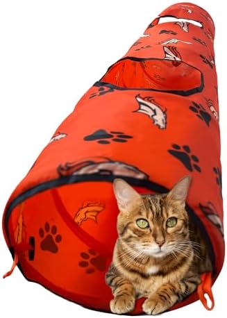 NFL Denver Broncos Cat Tunnel Tube Toy with Plush Football Catnip and Feathers Collapsible Tunnel for Cats to Play, Peek and Hide, Sporty & Fun Cat Tunnel Toy with Team Logo All-Over Design!