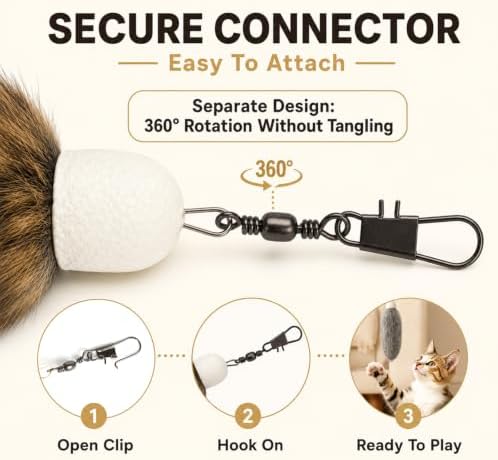 3pcs Cat Rabbit Fur Interactive Toys in Brown, Grey & White,/ Natural Fluffy Wand Attachments for Indoor Cats, Silent Handmade Replacement Heads with Secure Connector