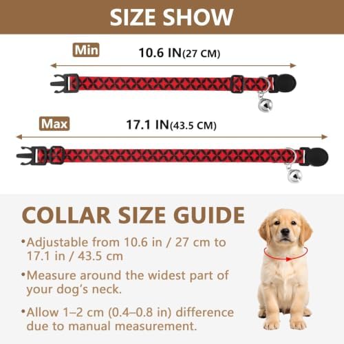 2 Pack Cats Collar Red Black Tile Puppy Collar with Bell, Adjustable 10.6 to 17.1 Inches