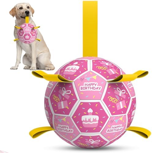 QDAN Dog Birthday Toys, Puppy Gifts, Dog Soccer Ball with Straps, Pink | 8 Inch Outdoor Herding Balls for 30-90 lbs Dogs, Interactive Training Soccer Toy for Tug of War, Dog Ball to Keep Them Busy
