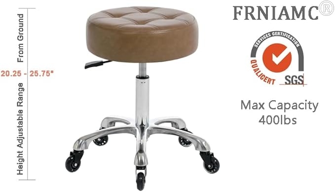 Rolling Salon Stool with Wider Round Seat- Height Adjustable Heavy-Duty Chair with Wheels for Salon Esthetician and Home Office Use, Heather Brown, Ivory