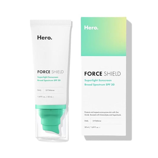 Hero Cosmetics Force Shield Superlight Sunscreen SPF 30 - Everyday Lightweight Sunscreen for Face & Acne-Prone Skin with Zinc Oxide - Fragrance Free 50 ml