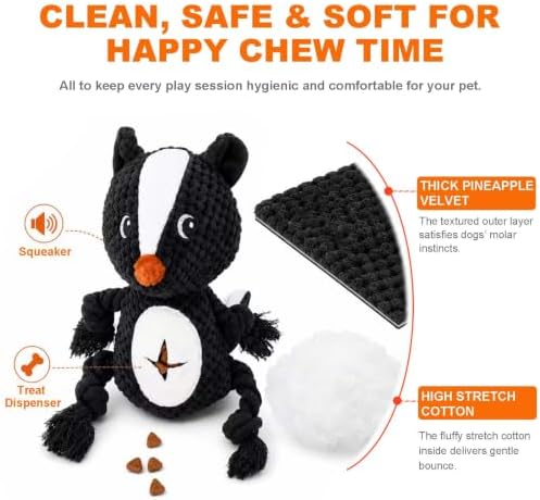 Dog Squeaky Chew Toy, Plush Crinkle Rope Dog Toy - Black Skunk