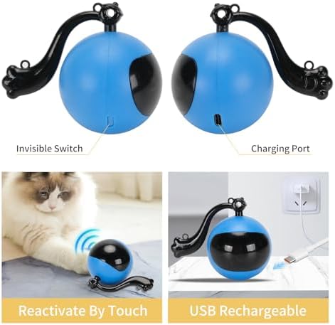 Interactive Remote Control Cat Toy with Sound & Light Locator, Hidden Rolling Ball Under Playmat, Bird Chirp & LED, Touch-Activated, USB Rechargeable Indoor Hunting Toy Blue+Yellow