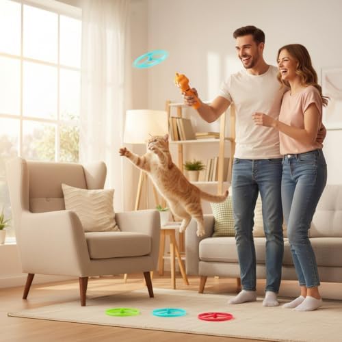JIARON Interactive Rechargeable Cat Fetch Toy Disc Launcher, 8 Flying Discs Hunting Enrichment Toys for Indoor Outdoor Bored Kittens & Adult Cats, Cat Boredom Relief