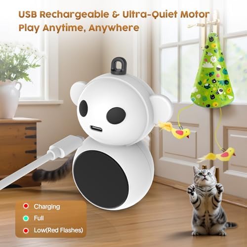 Interactive Cat Toy for Indoor Cats: 2 in1 Automatic Hide and Seek Moving Concealed Flying Bird Wand Feather with Chirping Bird Squeaky, Hanging Rechargeable Exercise Cat Toy for Kittens and Adult Cat
