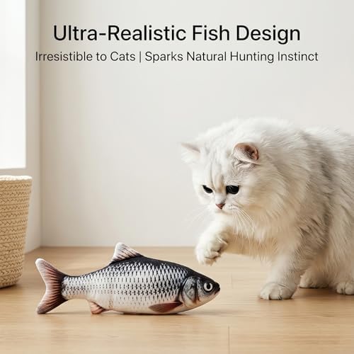 Flopping Fish Cat Toy, Interactive Moving Plush Cat Kicker Toy with Catnip Pocket, USB Rechargeable Automatic Wiggle Carp Toy for Indoor Kitten & Small Dogs, Single Carp（11.81Inch）