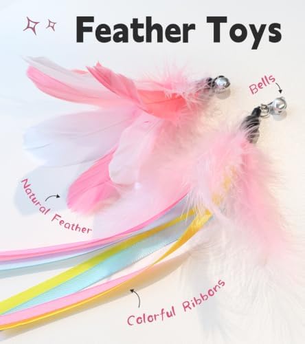 SONGWAY Interactive Cat Wand Toy Set - Retractable Cat Teaser Wand with 8 PCS Cat Toy Attachments, Dragonfly Butterfly Bird Mouse Yarn Ball Tassel Feather Cat Toy Refills for Indoor Cats Kittens, Pink