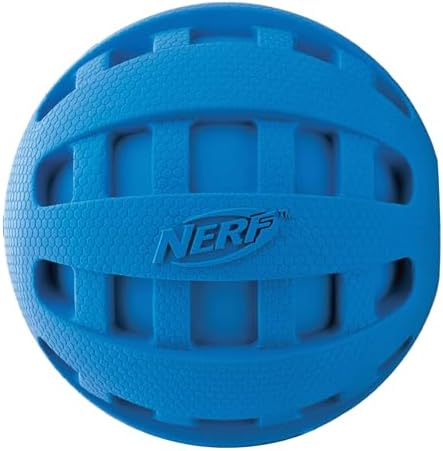 Nerf Dog Rubber Ball Dog Toy with Checkered Squeaker, Lightweight, Durable and Water Resistant, 4 Inch Diameter for Medium/Large Breeds, Single Unit, Blue