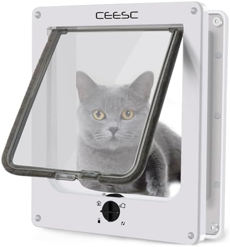 CEESC Large Cat Door for Interior/Exterior, for Pets <23.62", White | Rotary 4-Way Lock, Weatherproof, Fits doors 1.26-2.14", Adjustable tunnel depth, Upgraded version