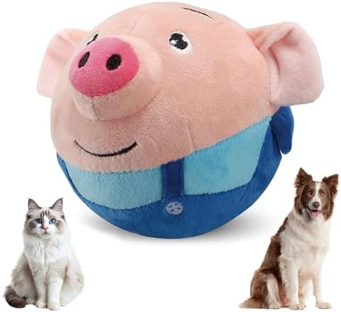 Jiexily Active Moving Pet Plush Toy, 2025 New Squeaky Moving Dog Ball Toy Interactive Puppy Toys, Rechargeable Cartoon Plush Bounce Talking Toys to Keep Them Busy (Blue Pig)