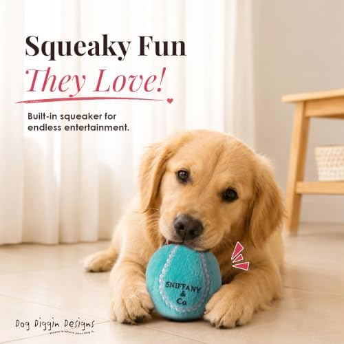 Dog Diggin Designs Sniffany & Co Plush Squeaky Dog Toy Ball | Luxury-Inspired Parody Designer Ball with Squeaker, Soft Plush Fetch Dog Toy – Prêt-à-Porter Play!