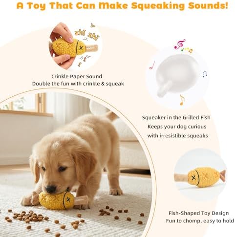 Grilled Fish Skewer Hide & Seek Plush Toy for Small Dogs & Puppies: Treat Dispensing Pocket, Squeaker and Crinkle Sounds, Tear-Resistant Chew for Aggressive Chewers