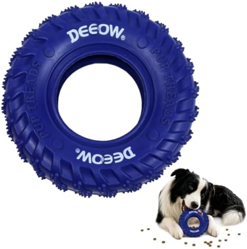 Deeow Rolling Dog Tire Chew Toy for Teething & Treat Dispensing-Blue 6.3''
