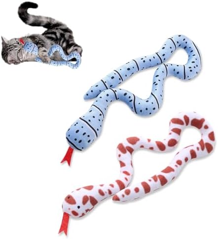 Andiker 2PCS Snake Cat Toys, 23.6 Inches Long Realistic Snake Shape Cat Plush Toys with Bite-Resistant Fabric Interactive Cats Toy for Indoor Cats to Bite Chew Keep Teeth Clean (Brown&Blue)