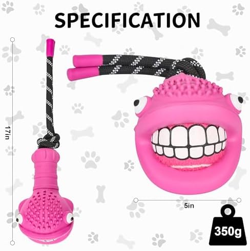 Pufferfish Shape Rubber Dog Toy with Detachable Squeaky Tennis Ball & Rope, Interactive Durable Chew Toys for Dogs, Safe Non-Toxic Material, Clean Teeth Design (Red)