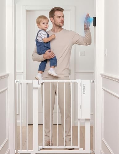 Babelio Smart Baby Gate with Auto-Unlock/Close, Pressure Mounted No Drill for Doorways/Top of Stairs. Pet/Dog Door Wide Walk Thru w/Infrared Sensor & Safety Alert (White, 30.3-41.7" W, 30" H)