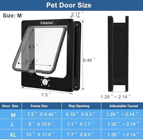 CEESC Medium Cat Door for Interior/Exterior, for Pets <15.75", Black | Rotary 4-Way Lock, Weatherproof, Fits doors 1.26-2.14", Adjustable tunnel depth, Upgraded version