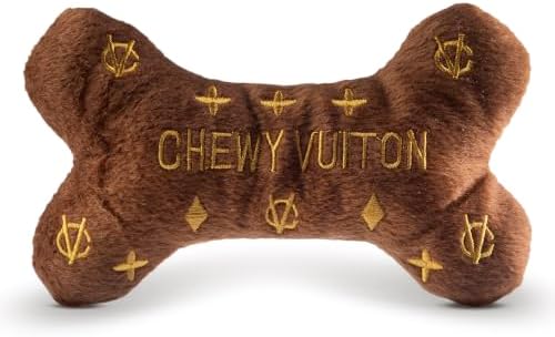 Dog Diggin Designs Chewy Vuiton Plush Dog Toy Bone | Luxury-Inspired Parody Designer Bone with Squeaker, Soft Plush Chew & Play Dog Toy – Prêt-à-Porter Play!