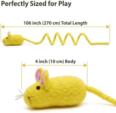 Glaciart One Felt Mouse Cat Toy – Soft Fuzzy Enrichment 100% Natural Wool - Interactive Catnip Play Cat Toy Set - Safe for Pets, Non-AZO Colored Dyes - 100” Long