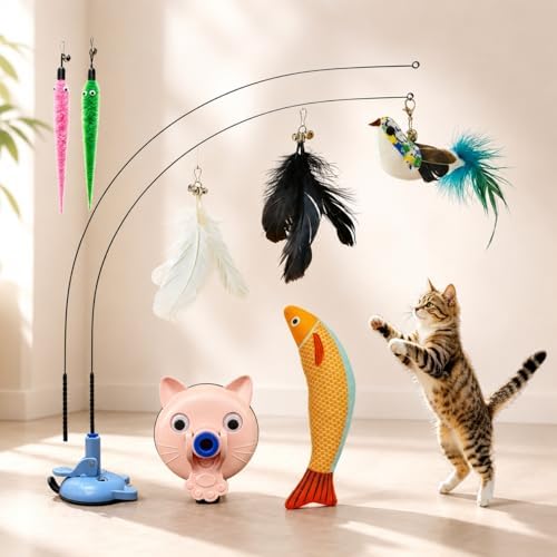 10PCS Interactive Cat Toy with 2 Suction Cups & Wand, 2 Ways to Play Indoor Cat Toys for Bored Cats, Feather Bird Teaser Toy with Flexible Rod, Kitten Exercise Toys with Fish Toy